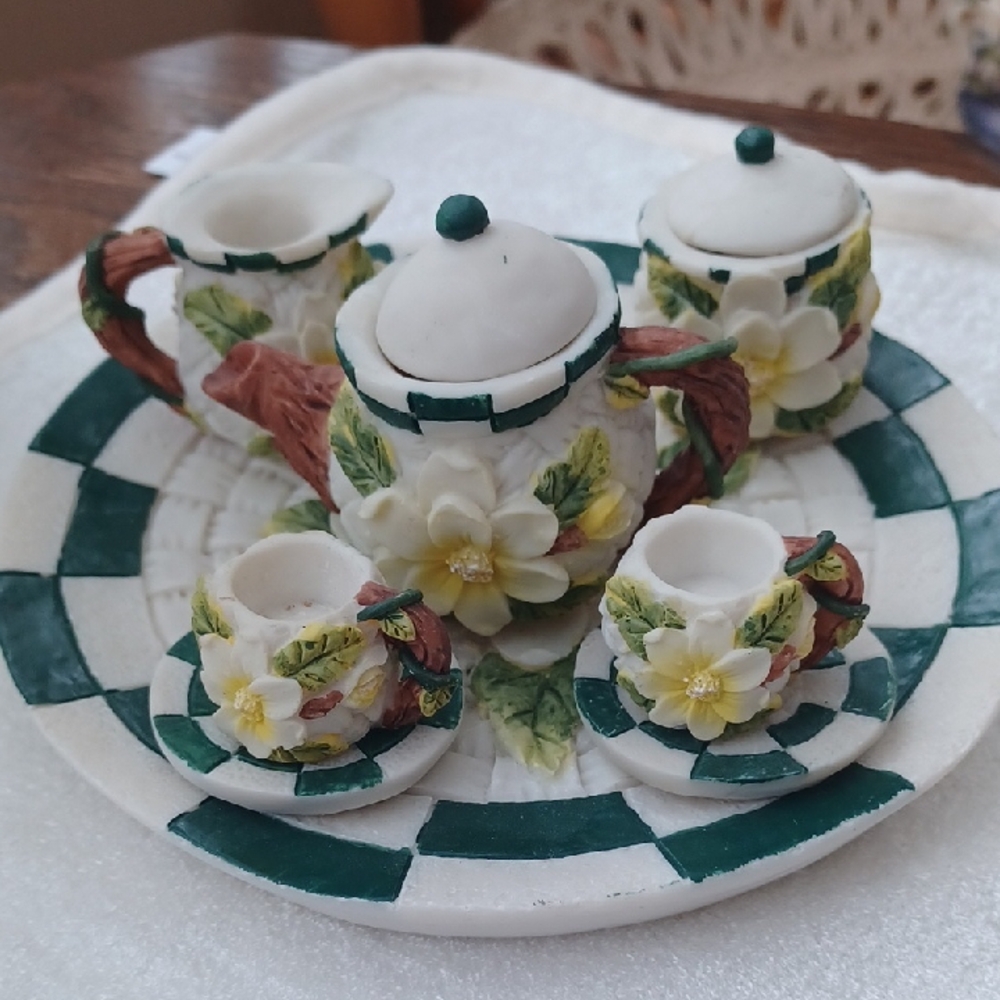 Floral Miniature Tea Set with Green Accents Resin Collectible Tea Sets